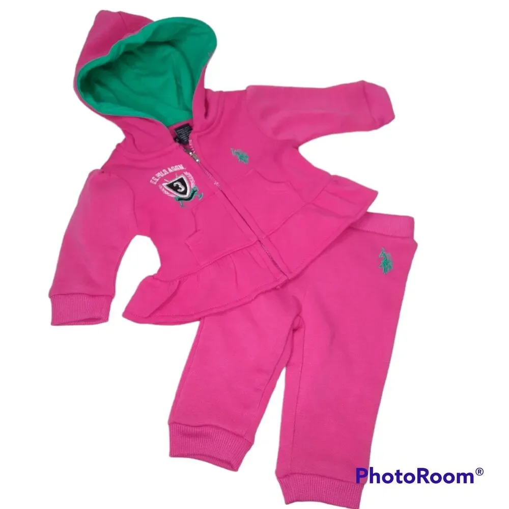 US Polo Baby Sweatsuit Sz 3 6m Hoodie Jacket Outfit Pants Skirted Pink Warm Snow